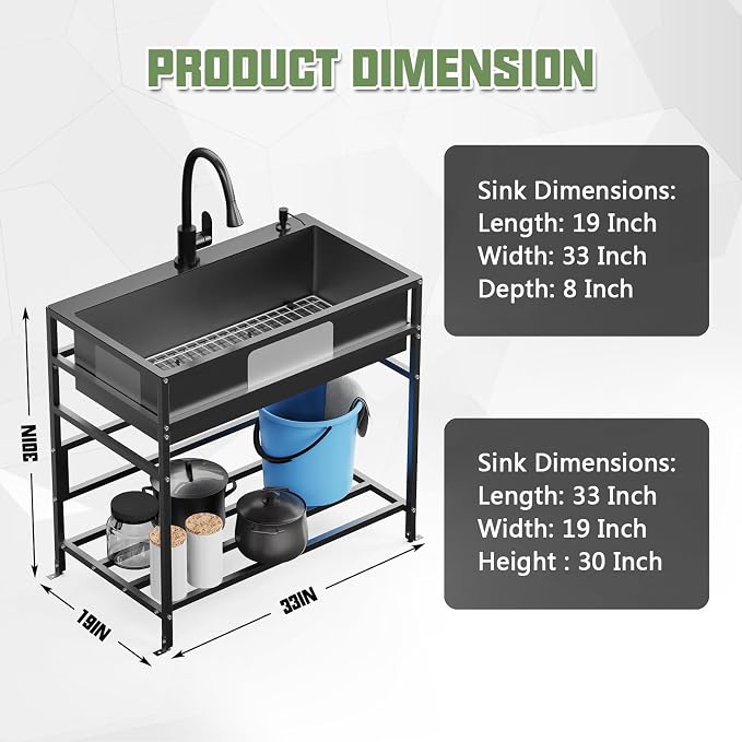 Black 33x19 Inch Freestanding Utility Sink-Stainless Steel Laundry Sink - Image 5