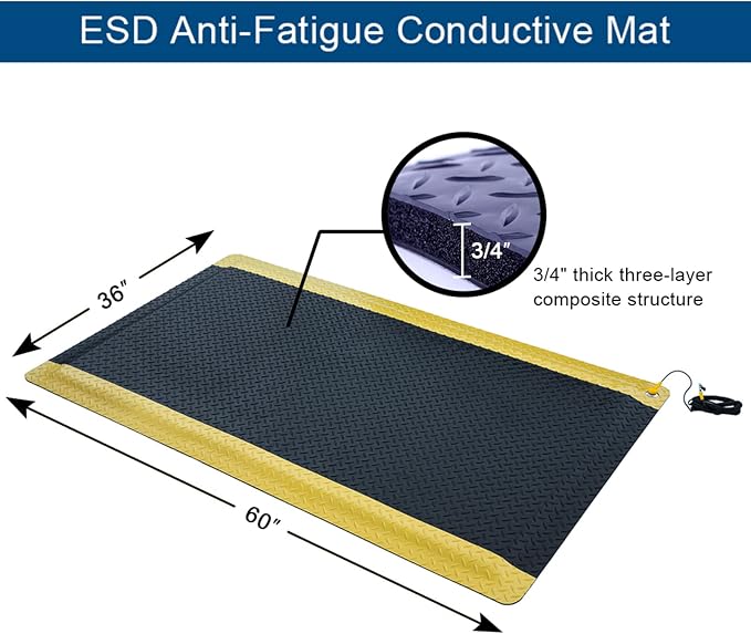 3' x 5' ESD Anti-Fatigue Conductive Mat, Durable Heavy Duty Diamond Plate - Image 2