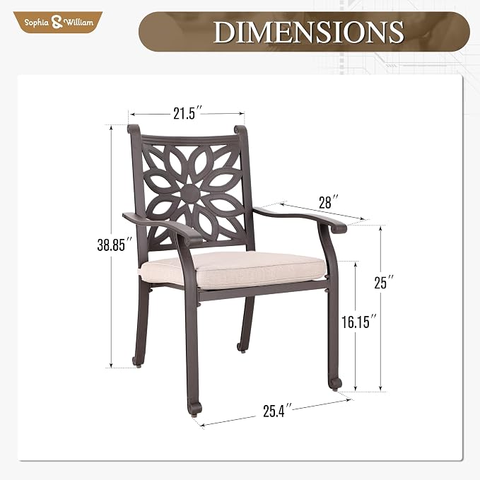 Sophia & William 2 Pieces Cast Aluminium Patio Dining Chairs Bronze - Image 6
