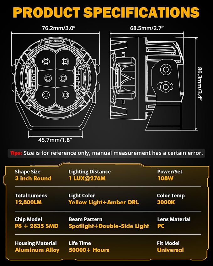 Auxbeam V-Ultra Series 3 Inch 108W LED Round Pods, 3 Modes Offroad Driving Side - Image 4