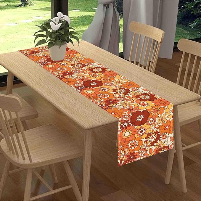 Orange Floral Table Runner, Retro Groovy 70s Hippie Floral Funky Cute Flower - Image 2