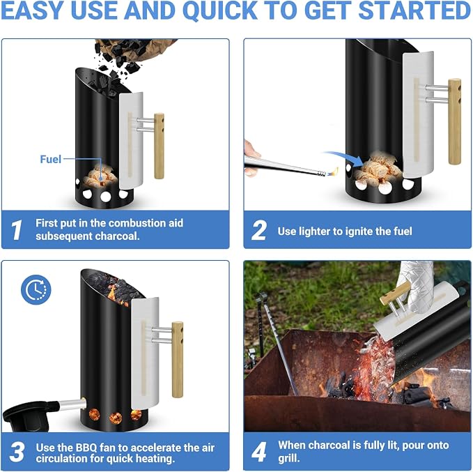 Charcoal Chimney Starter with Doubel Air Volume BBQ Fan and Insulation Gloves - Image 8