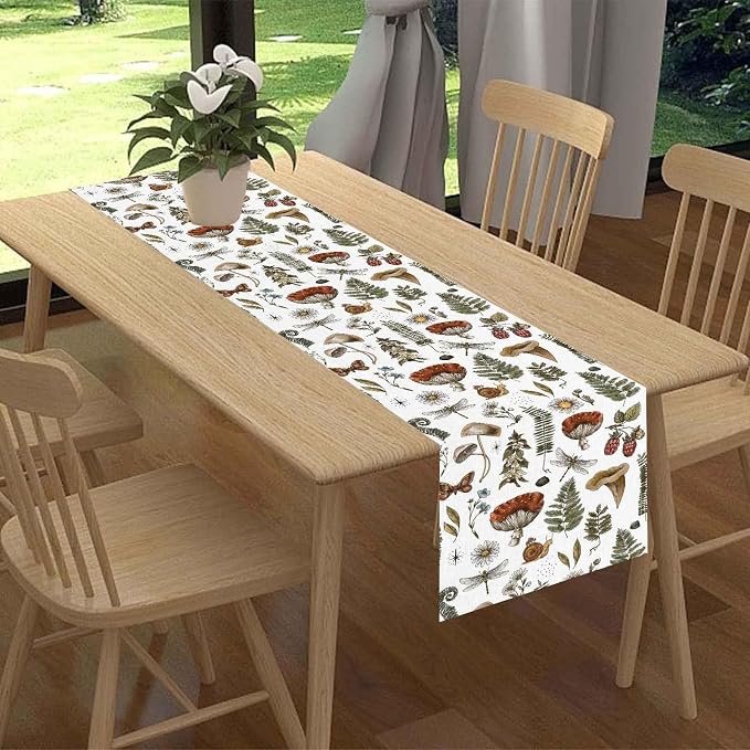Mushroom Table Runner, Rustic Farmhouse Forest Plants Botanical Country Coffee - Image 2