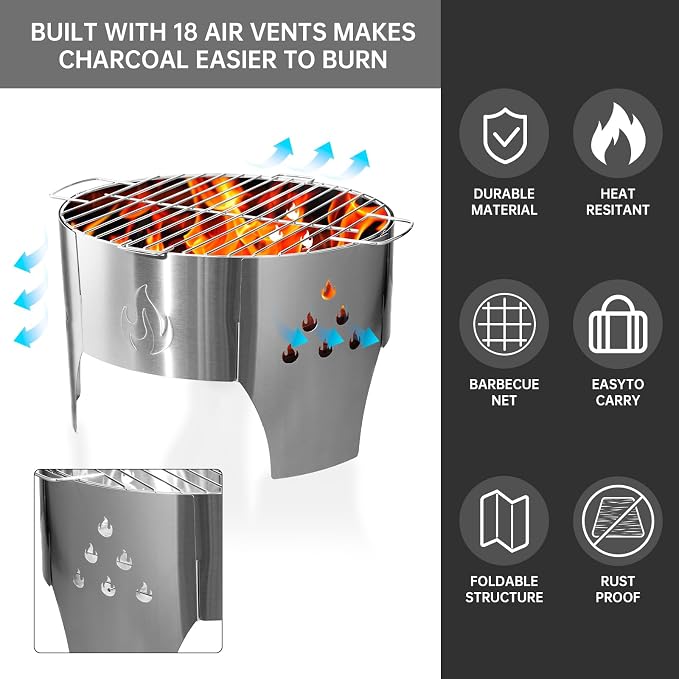 Camping Campfire Grill, Portable Folding Charcoal Stove, Backpacking BBQ Rack - Image 5