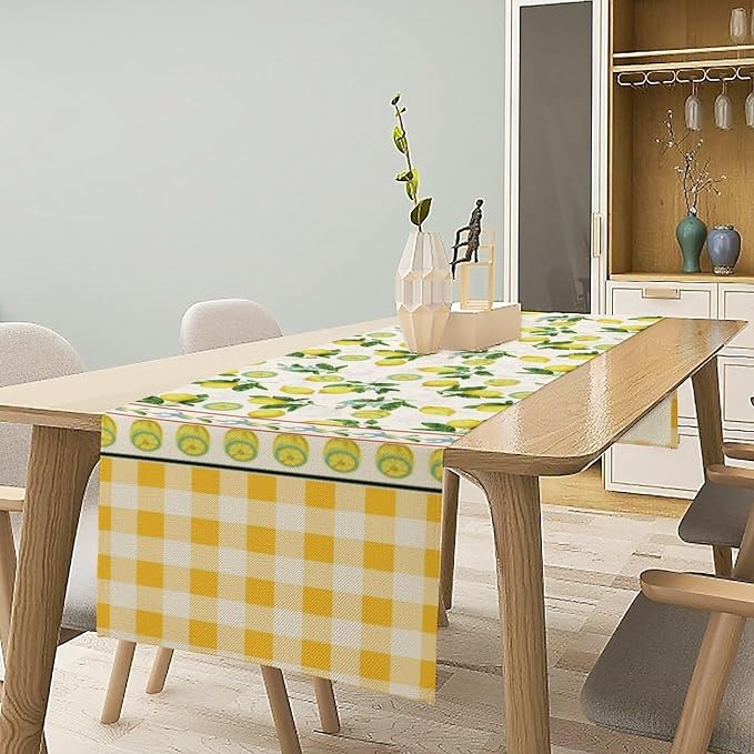 Lemon Buffalo Plaid Table Runner, Rustic Farm Fruit Aesthetic Country Farmhouse - Image 2