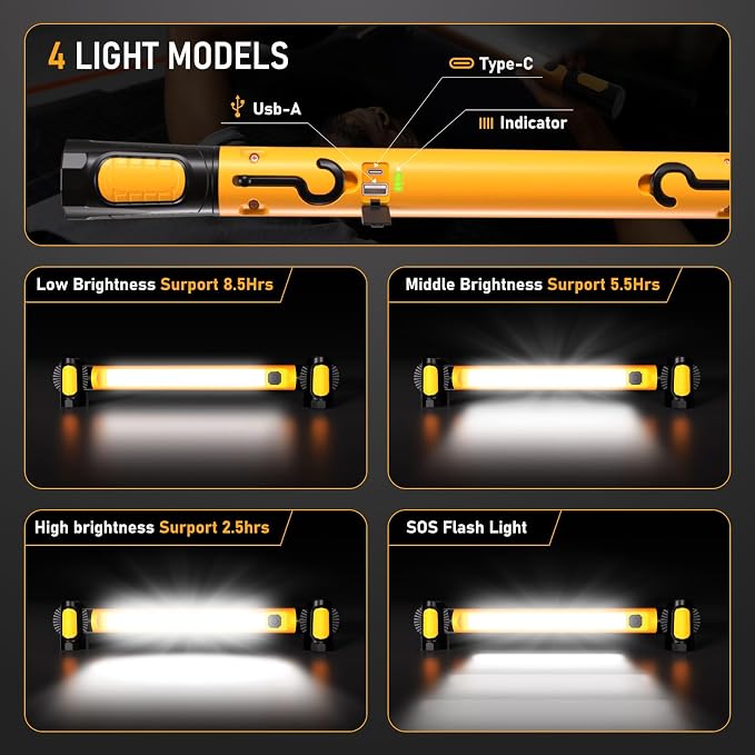 Work Light for Mechanic, 3200LM LED Work Lights, 5400mAh Rechargeable Magnetic - Image 3