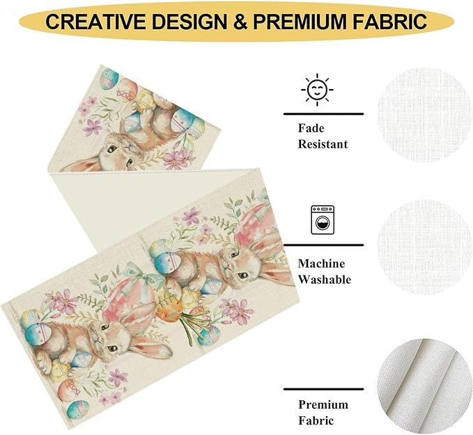 Easter Bunny Table Runner, Rustic Watercolor Bunnies Easter Eggs Carrots Floral - Image 5