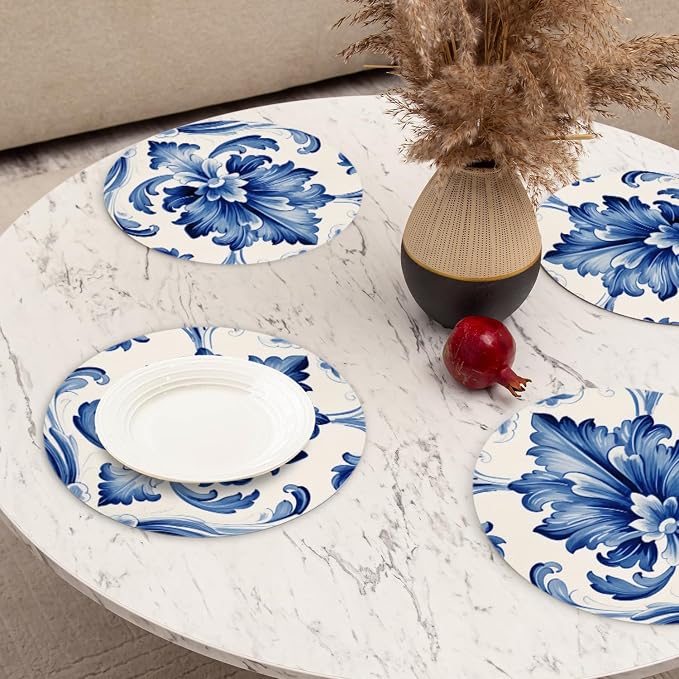 Faux Leather Placemats Set of 4, Watercolor Blue and White Porcelain Patterns - Image 6