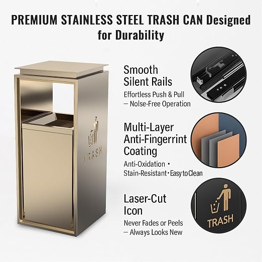 Commercial Trash Can - 42L Heavy Duty Stainless Steel Garbage Bin - Image 6