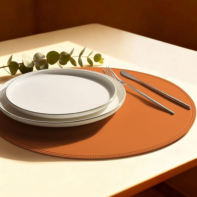 Round Vinyl Orange Placemats Set of 6, Faux Leather Waterproof Wipeable Heat by Rinpon