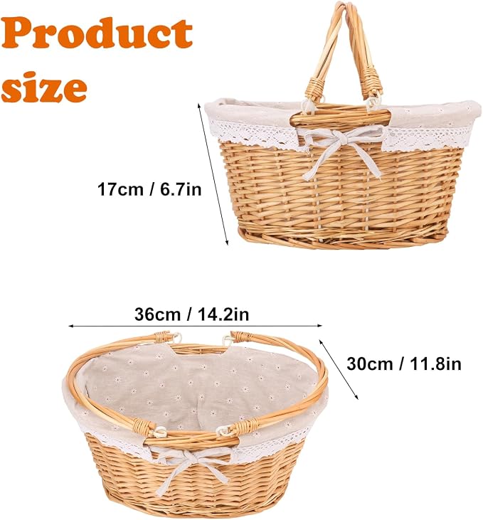 Natural Wicker Basket with Linen Lining, Woven Picnic Basket with Handle - Image 2