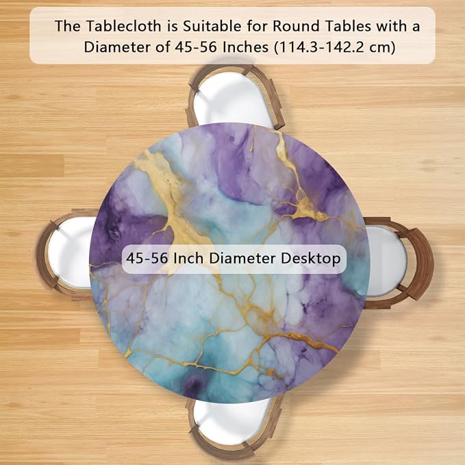 Marble Purple Gold Blue Round Table Cloth Cover, Elastic Edge Waterproof - Image 2