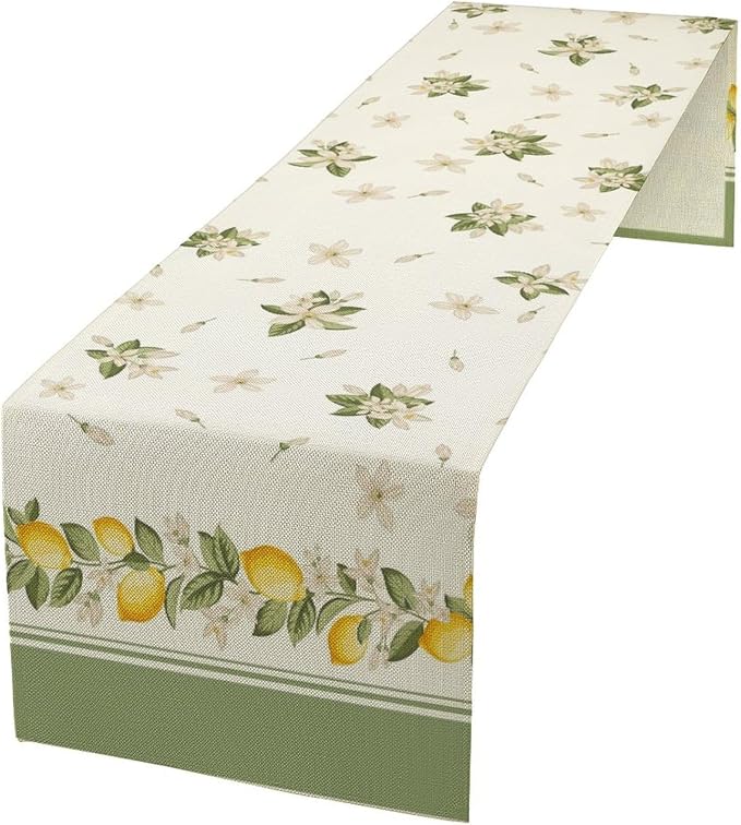 Lemon Spring Table Runner, Farmhouse Rustic Summer Flower Leaves Table Cover by JanJCurt