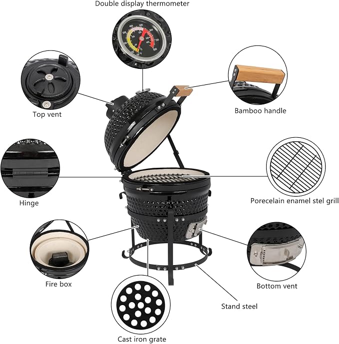 VINGLI 13" Kamado Charcoal Grill Portable Barbecue Grill BBQ Kettle Stand Lid - Image 5