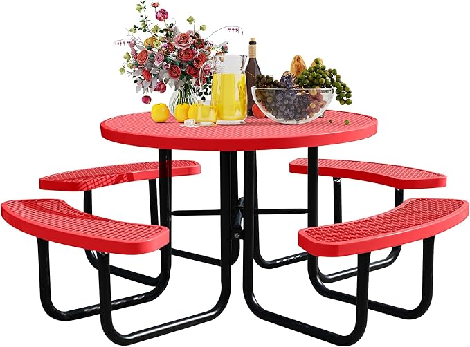 46'' Round Metal Picnic Table for Outdoors, Commercial Steel Metal Picnic Tables by MakeaGoodChoose