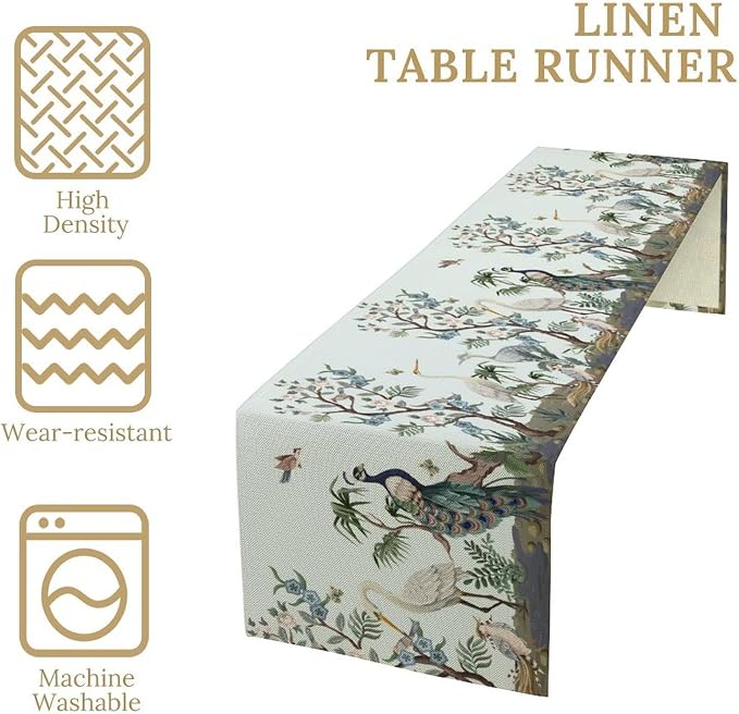 Blue Peacock Table Runner, Rustic Light Blue Crane Floral Branch Table Center - Image 4