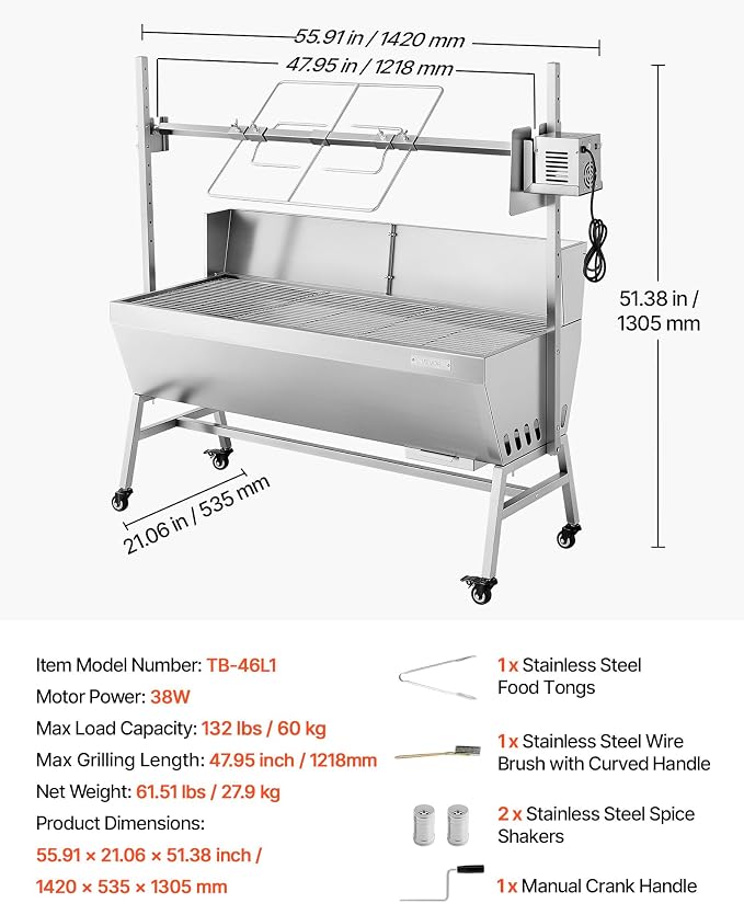 VEVOR Rotisserie Grill, 46in BBQ Outdoor Pig & Lamb Spit Roaster, Charcoal Spit - Image 7