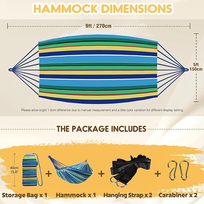 Hammock for Camping in Cotton, Blue/Yellow/Green Stripe, 106 x 59 Inch