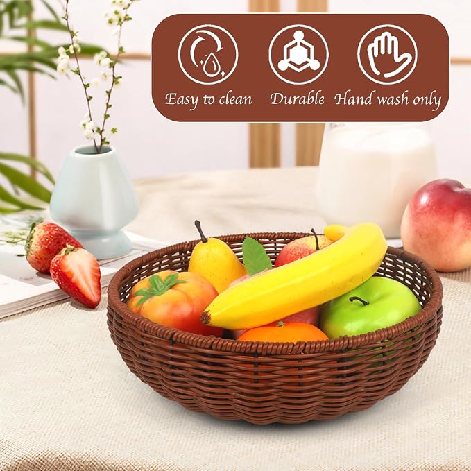 Imitation Wicker Bread Basket, 3 Pack Woven Rattan Basket Round Woven Baskets - Image 3