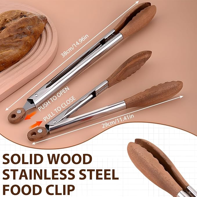 Food Tongs Set of 2 with Walnut Wood Tips, 10 and 13.5 Inch