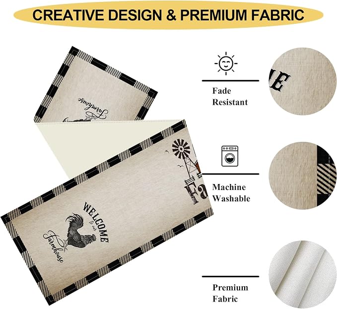 Farm Animals Table Runner, Rustic Farmhouse Cow Pig Rooster Watercolor Coffee - Image 4