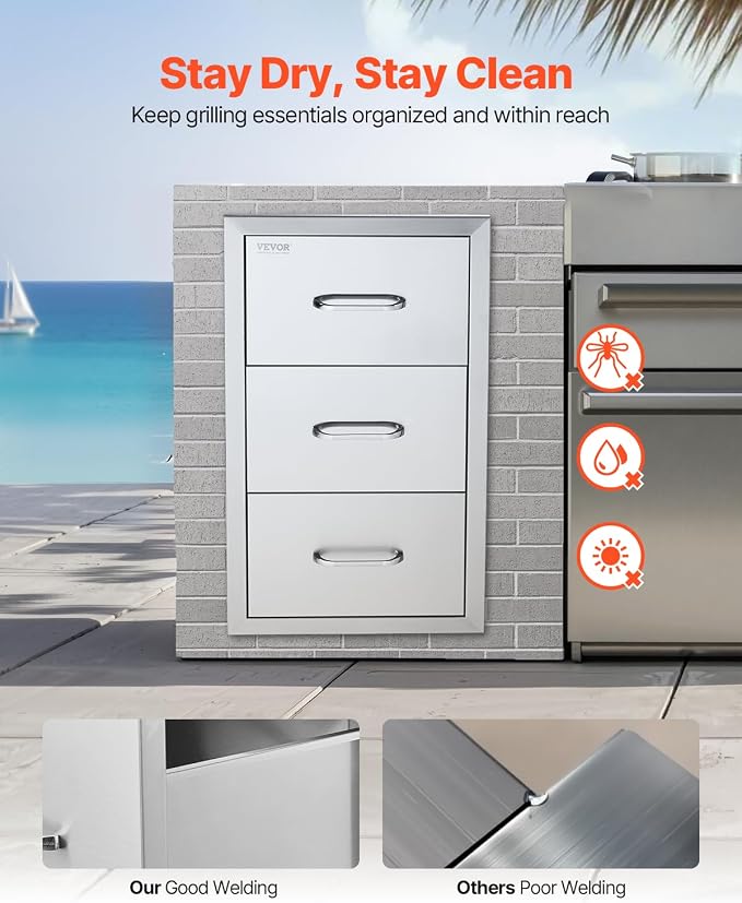 VEVOR Outdoor Kitchen Drawers 16" W x 28.5" H x 20.5" D, Flush Mount Triple - Image 4