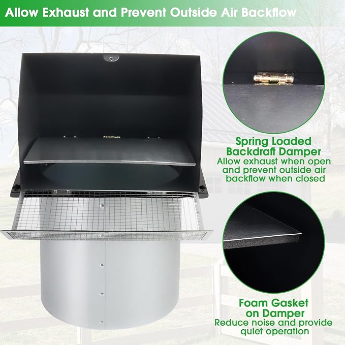 10 Inch Hooded Wall Vent with Screen and Damper, Outdoor Wall Exhaust Vent - Image 4