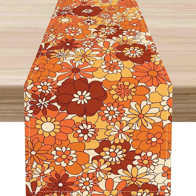 Orange Floral Table Runner, Retro Groovy 70s Hippie Floral Funky Cute Flower by Unknown