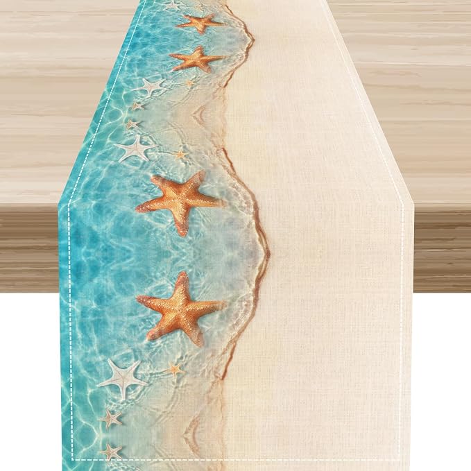 Summer Ocean Starfish Table Runner, Tropical Coastal Blue Sandy Clear Sea Water by Unknown