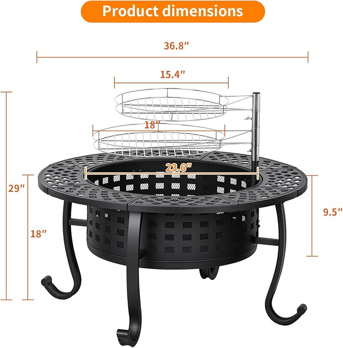 FDW 36 Inch Fire Pit with 2 Adjustable Grills, Wood Burning Outdoor Fire Pit - Image 7