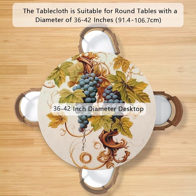 Grape Green Leaf Fresh Fruit Round Table Cloth Cover, Elastic Edge Waterproof - Image 2