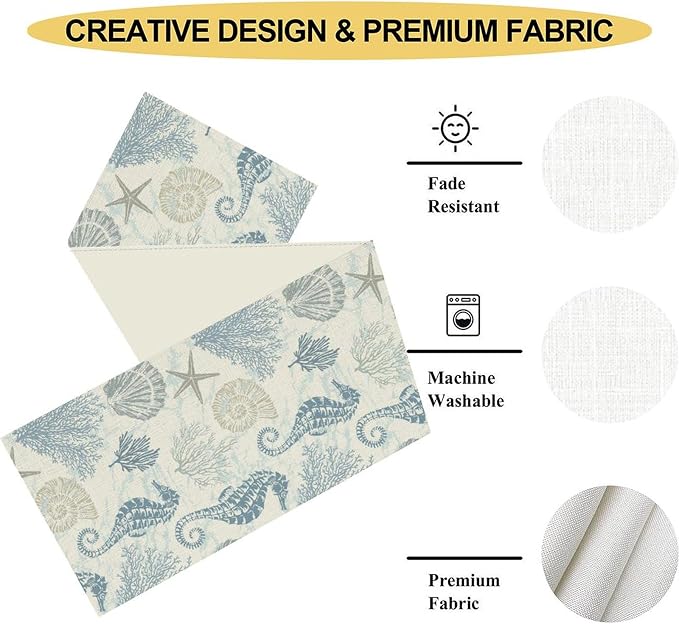Nautical Table Runner, Summer Coastal Starfish Seashells Coral Seahorse - Image 5