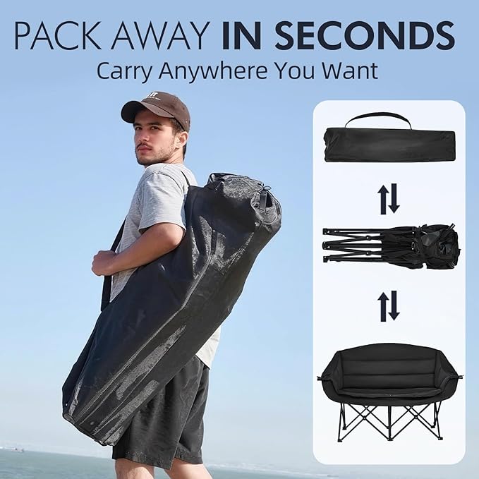 Camping Loveseat Chair for Two, Padded Black Folding Chair