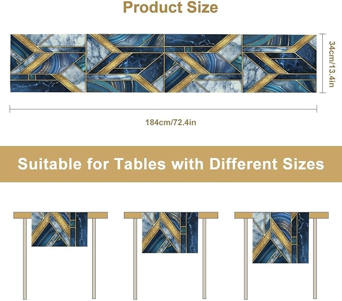 Marble Texture Table Runner, Dark Blue Gold Modern Mosaic Design Table Runner - Image 7