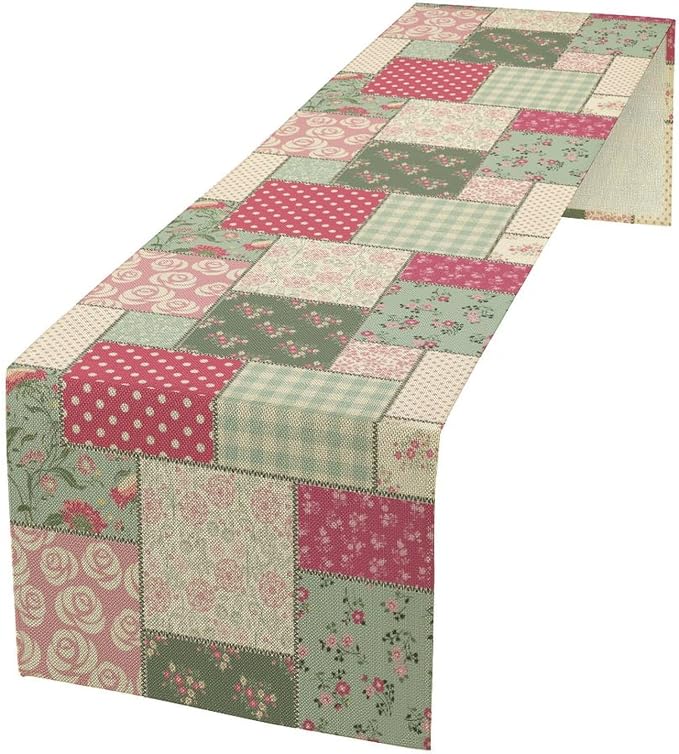 Patchwork Flowers Table Runner, Boho Plaid Floral Retro Romantic Rose Plants by Unknown