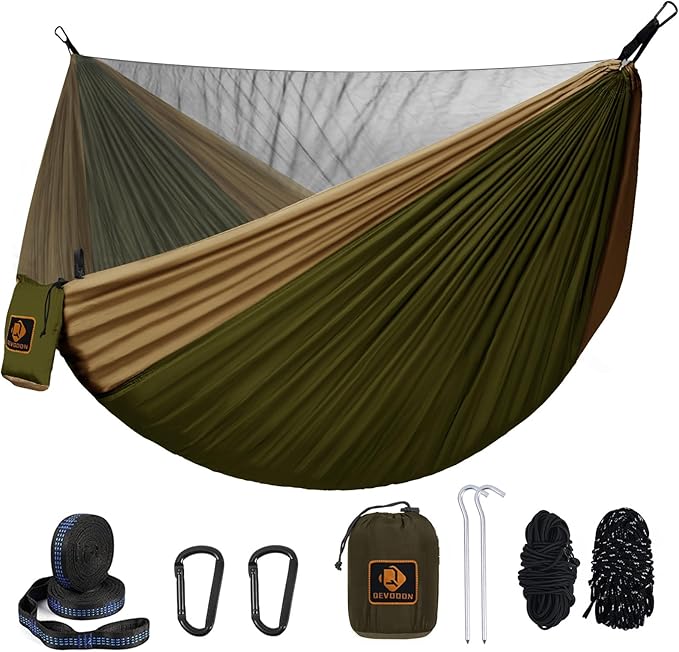 Hammock with Built-In Mosquito Net, Double Nylon, Green and Khaki