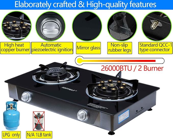 Propane Stove 2 Burner Gas Stove Novel 9 Copper Propane Burners Auto Ignition - Image 5