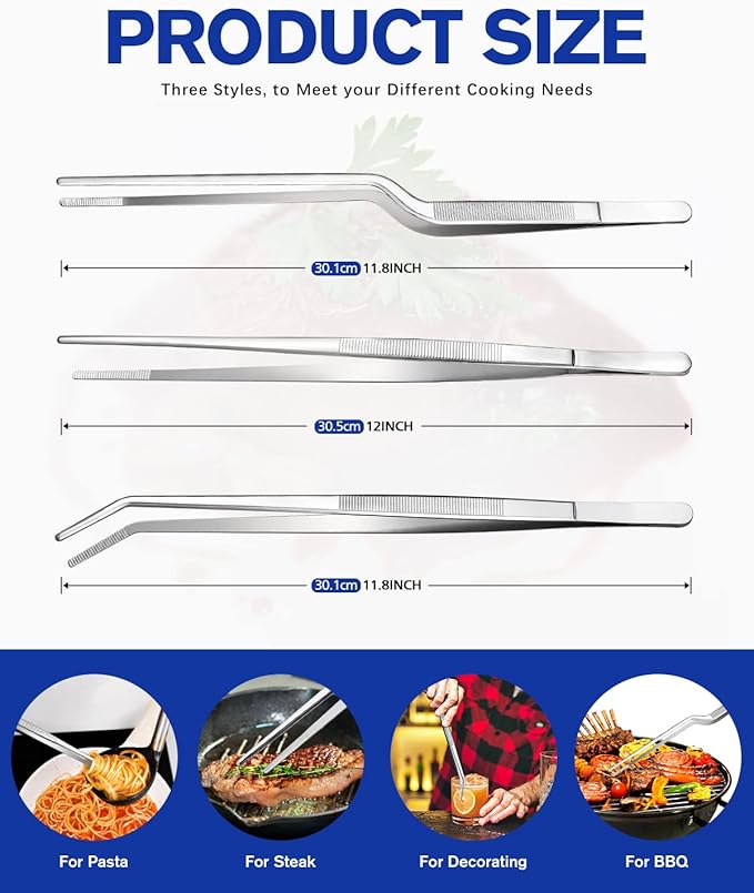 Tongs Set, 12-Inch 304 Stainless Steel, 3 Designs, Silver