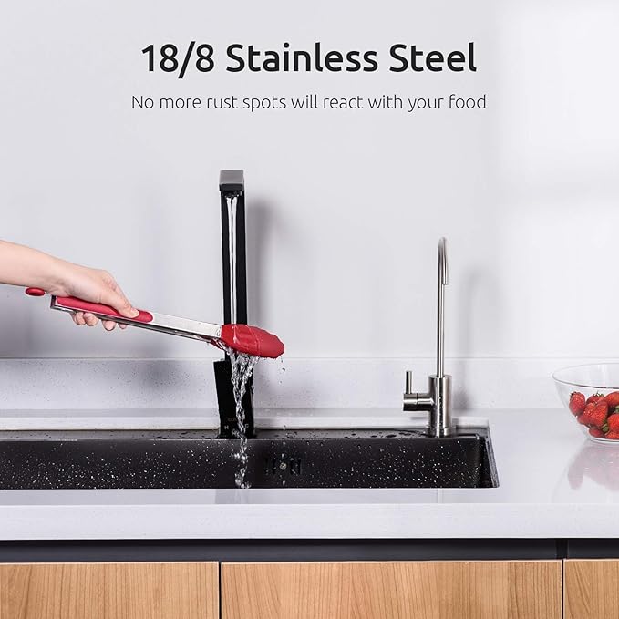 Tongs in 7, 9 and 12 Inch, Stainless Steel and Silicone, Red