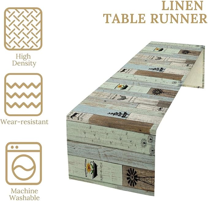 Rustic Farmhouse Table Runner, Vintage Country Blue Green Wooden Board Cow - Image 4