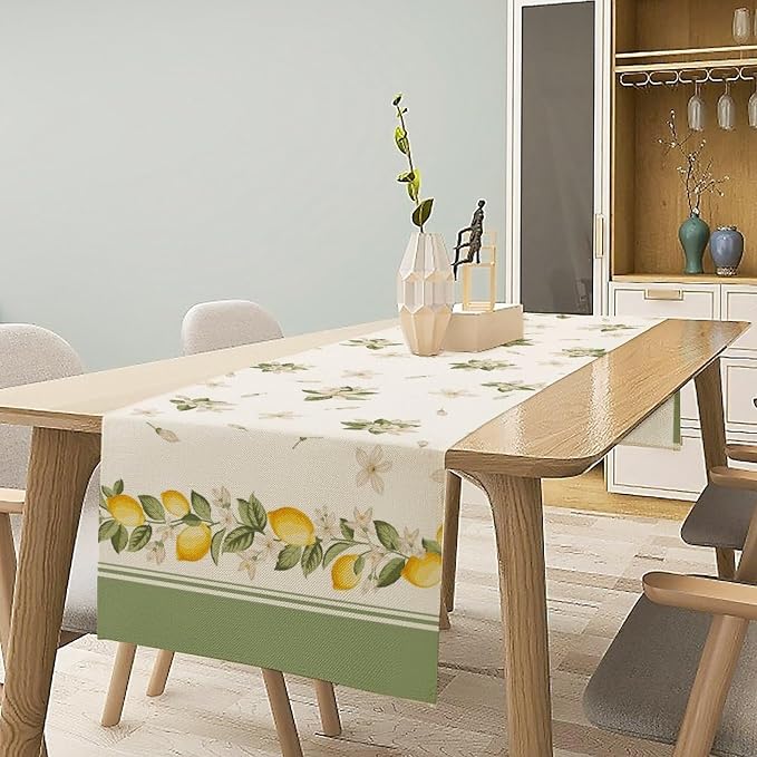 Lemon Spring Table Runner, Farmhouse Rustic Summer Flower Leaves Table Cover - Image 2