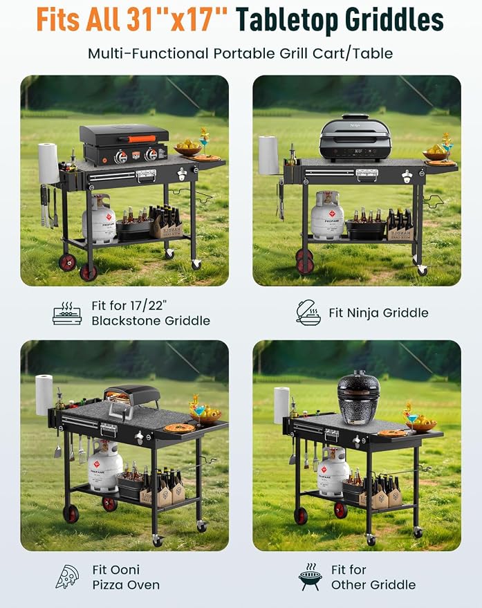 Portable Grill Cart Table with Wheels, - Image 3