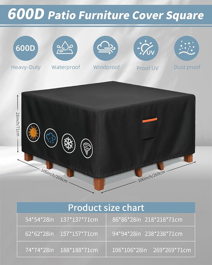 Outdoor Waterproof Furniture Cover, 106W x 106L x 28H inches Heavy Duty 600D - Image 3