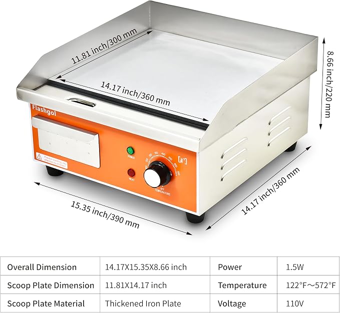 15.3 IN Nonstick Stainless Steel Electric Griddle Adjustable Temperature - Image 8