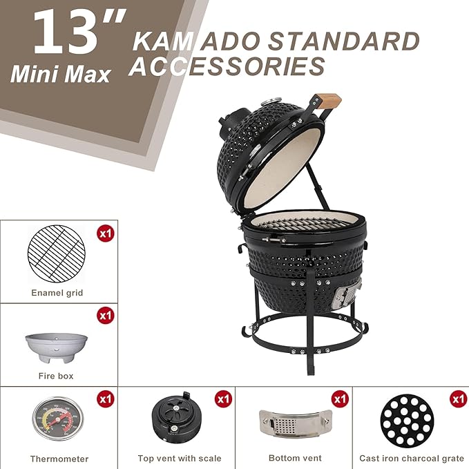VINGLI 13" Kamado Charcoal Grill Portable Barbecue Grill BBQ Kettle Stand Lid - Image 4