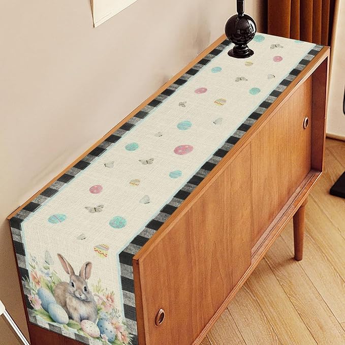 Easter Table Runner, Vinatge Black Plaid Rabbit Easter Eggs Butterflies Floral - Image 2