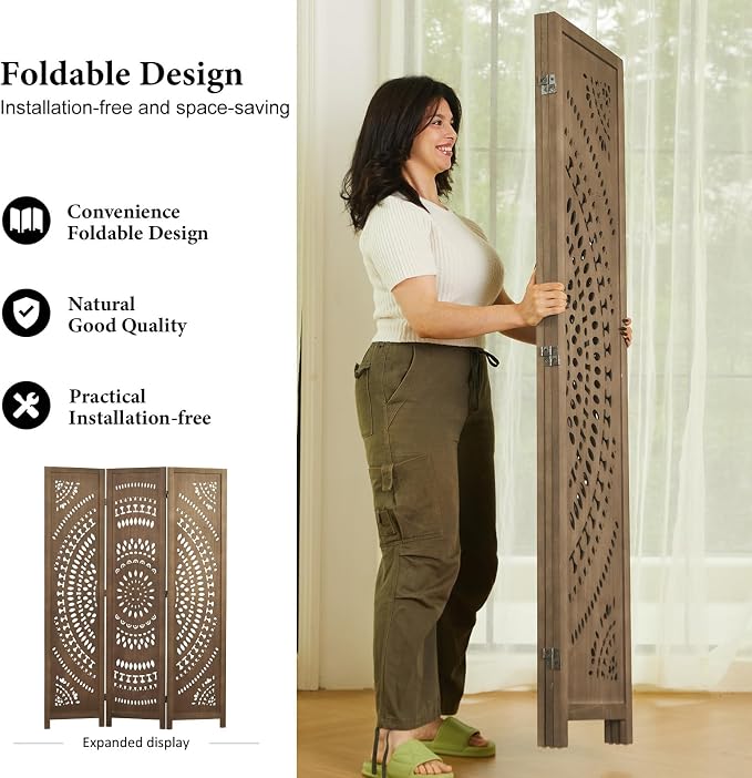 Room Divider Wood Carved Wall Divider Indoor Folding Bohemian Style Portable - Image 3
