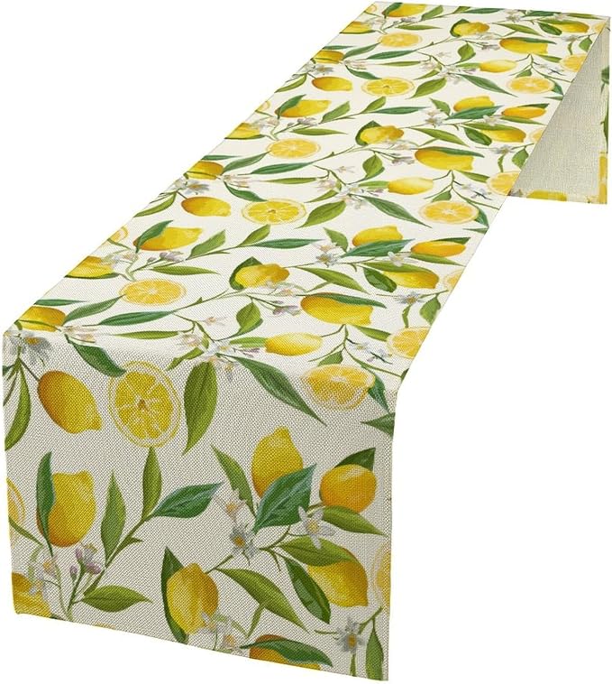 Lemon Table Runner, Summer Fruits Green Leaves Flower Plant Table Runner by Unknown