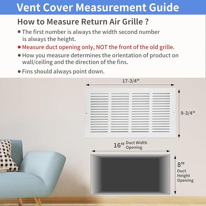 16"W x 8"H Steel Return Air Grille, Air Return Vent Cover - Image 5