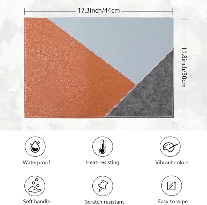 Faux Leather Placemats Set of 6 Waterproof, Reversible Geometric Pattern PU - Image 4